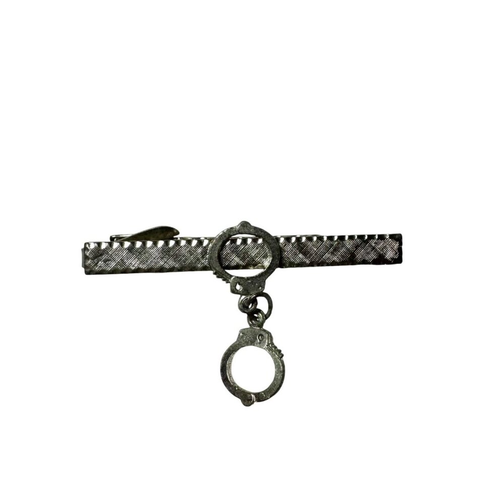 Vintage Silver-Tone Handcuff Tie Bar Clip With Textured Finish